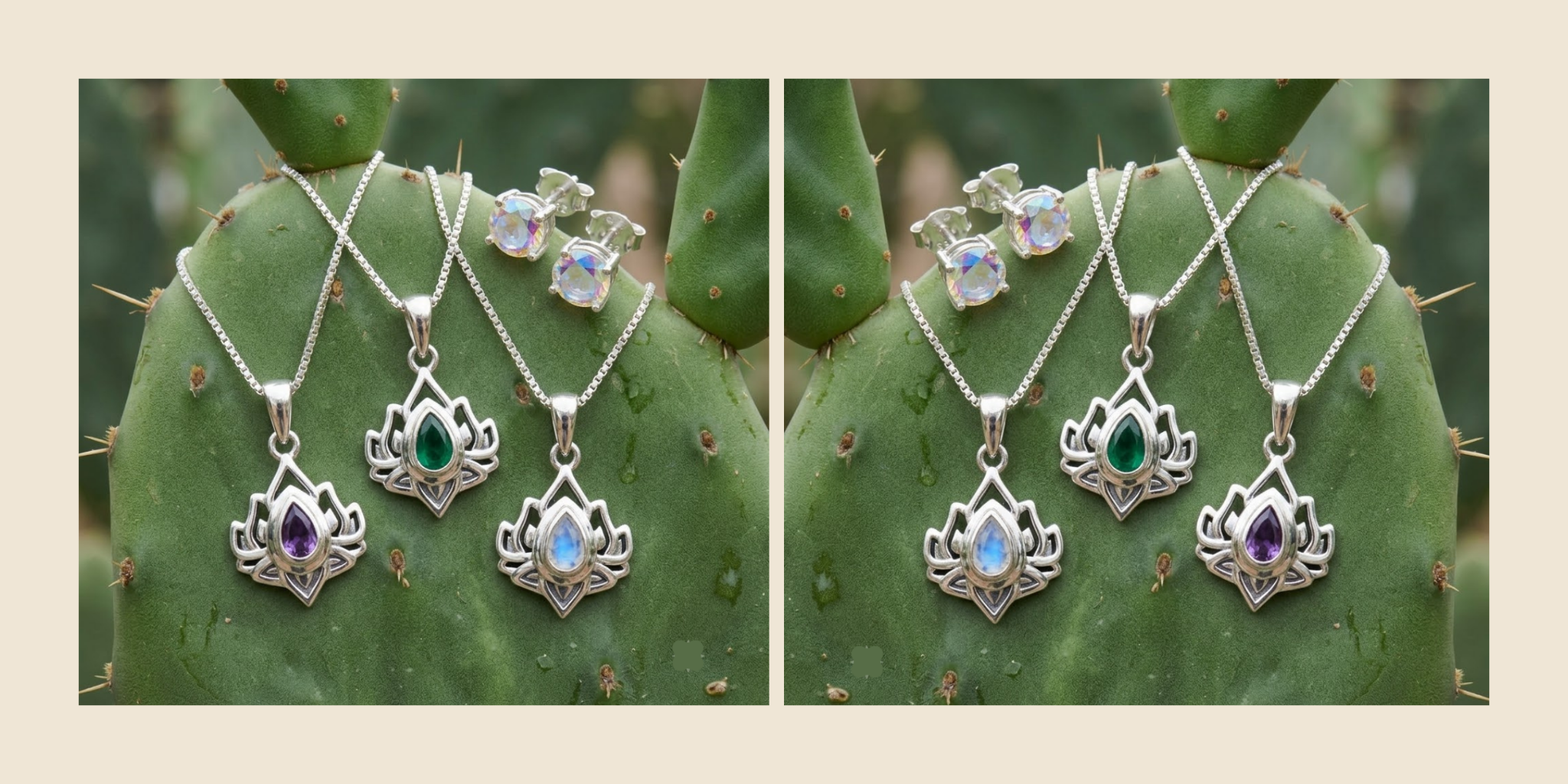 Three Lotus Collection pendants in silver set with amethyst, green, and moonstone, resting on a prickly pear cactus