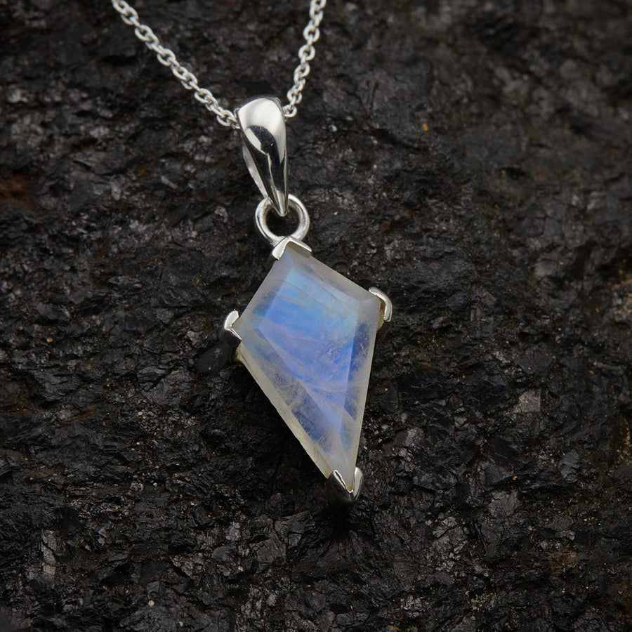 Kite-cut moonstone shield pendant in sterling silver on a chain