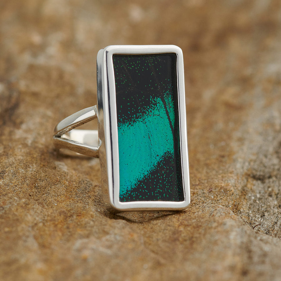 Green butterfly wing set in a rectangular fine silver ring