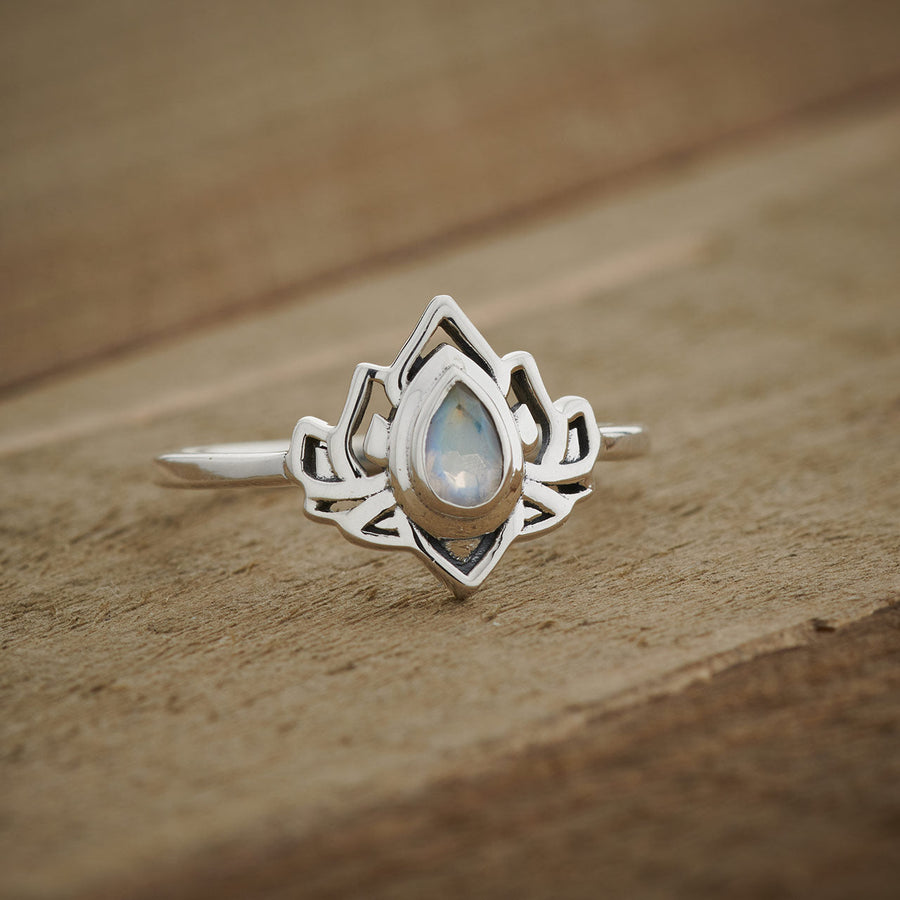 Moonstone lotus ring in sterling silver with an open petal frame