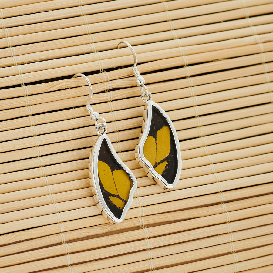 Yellow and black butterfly wing drop earrings in fine silver