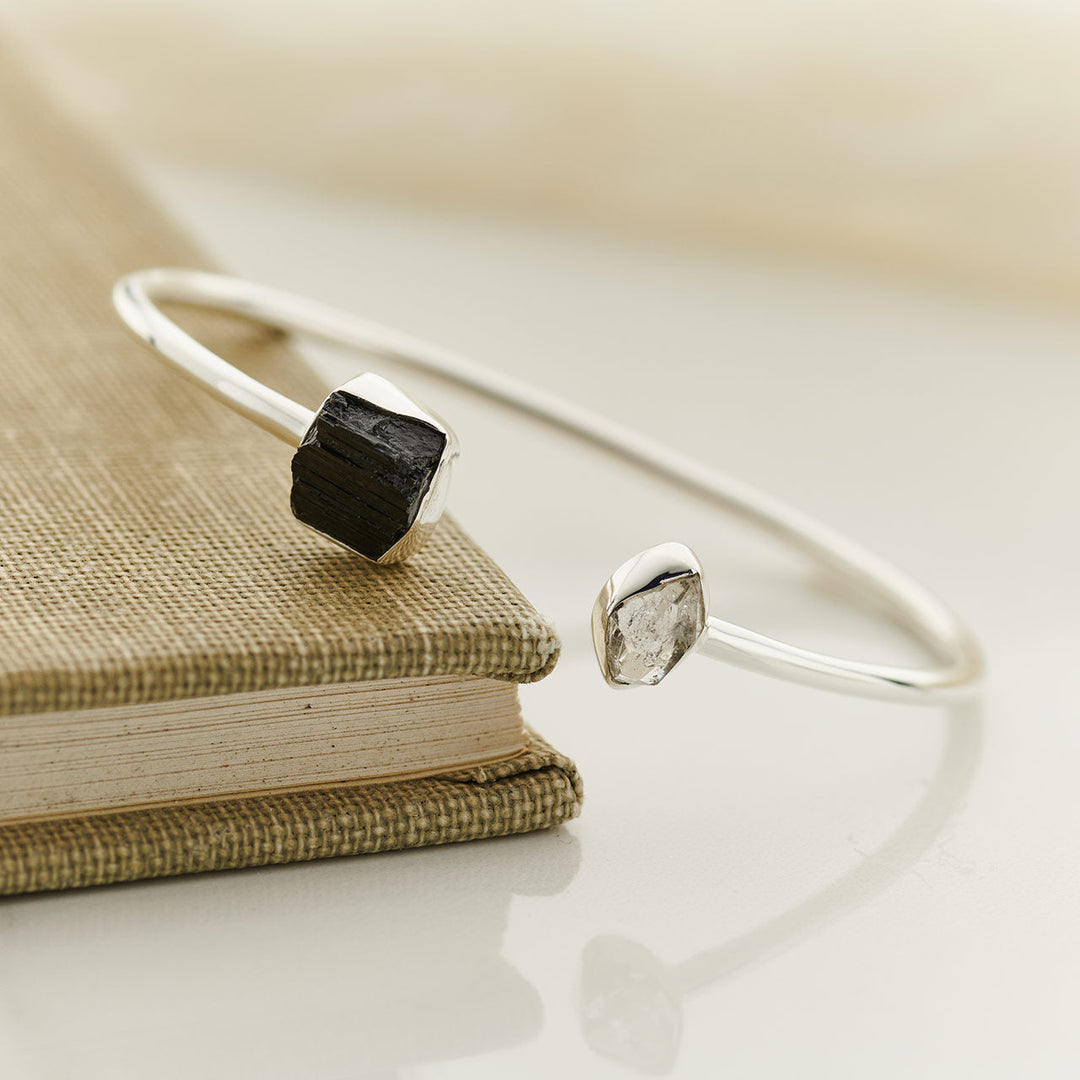 Black Tourmaline and Herkimer Diamond bracelet in sterling silver