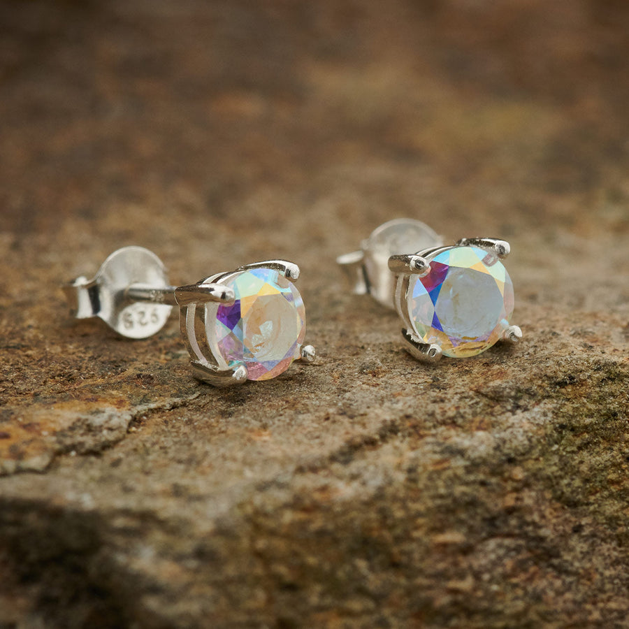 Round-cut iridescent gemstone stud earrings in sterling silver