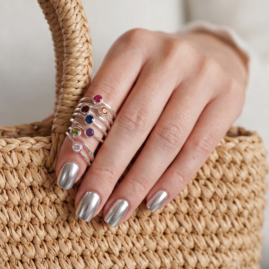 Five wavy band gemstone rings stacked, in fine silver