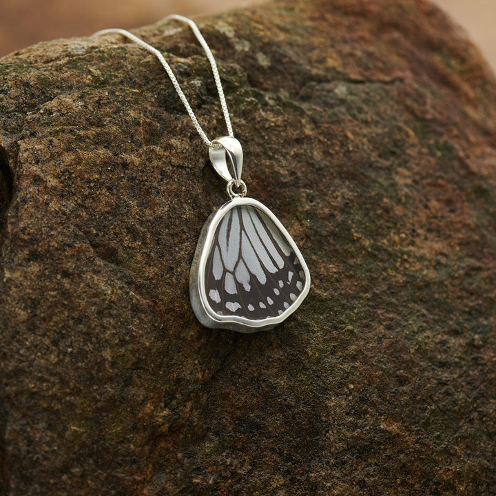 Glassy Tiger butterfly wing pendant in fine silver