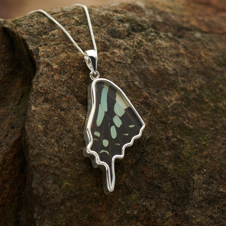Swordtail butterfly wing pendant in fine silver