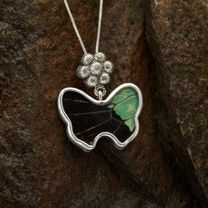 Green Banded Swallowtail butterfly wing pendant in fine silver