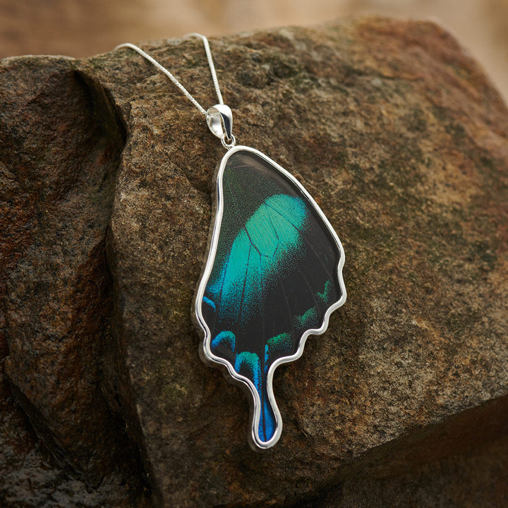 Green Banded Swallowtail butterfly wing pendant in fine silver