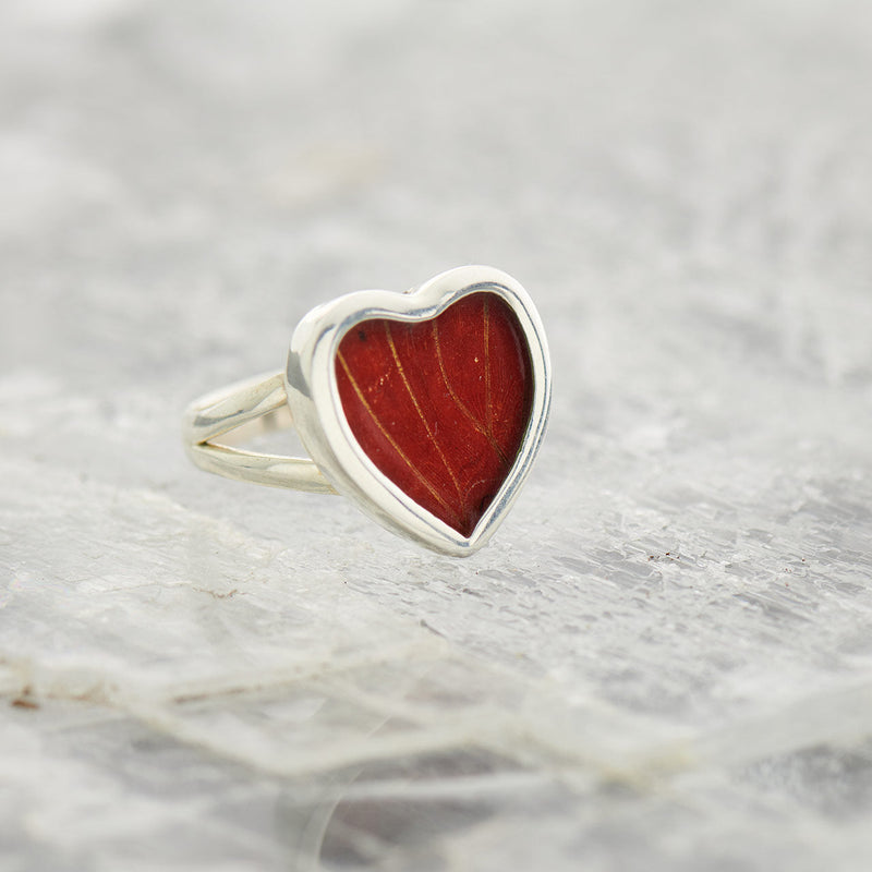 Blood Red Glider butterfly wing ring in fine silver