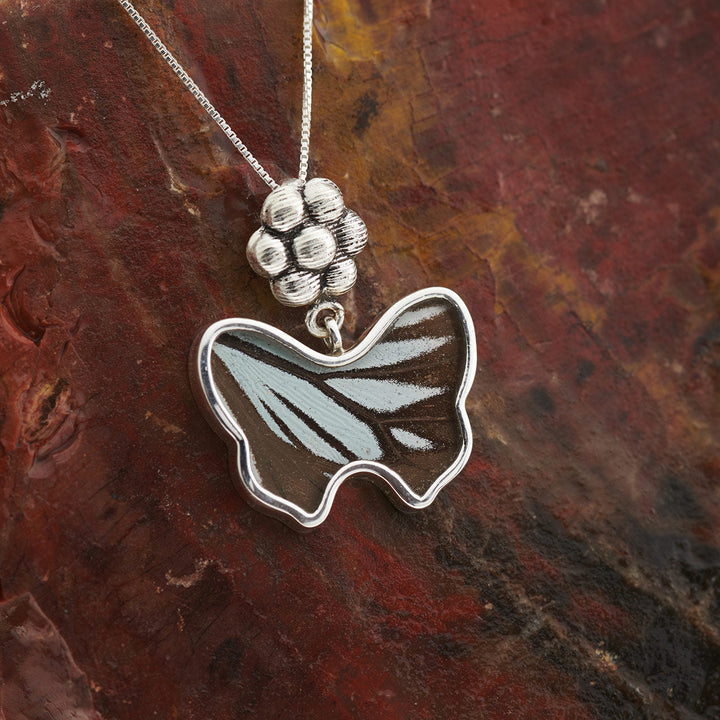 Blue Wanderer butterfly wing pendant in fine silver