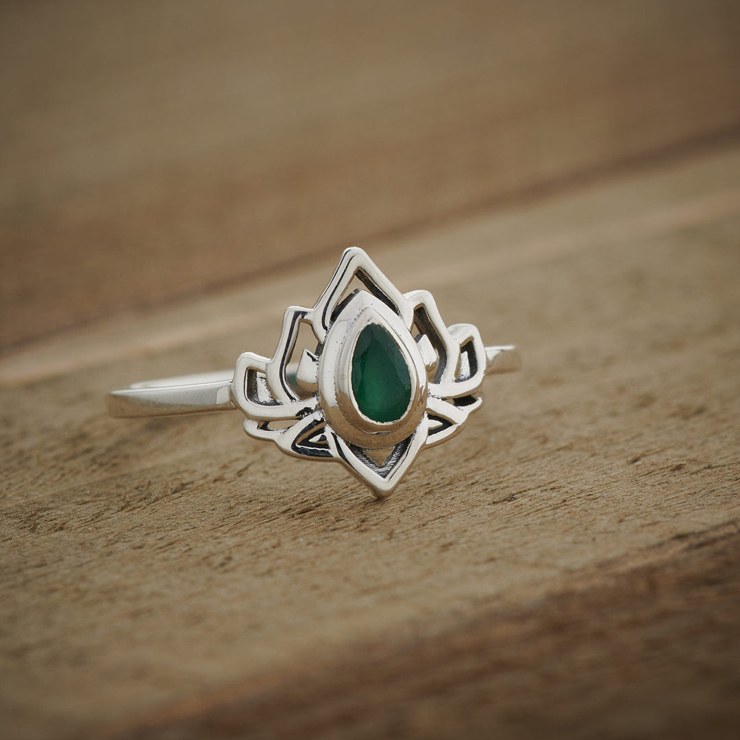 Emerald Sterling Silver Lotus Ring