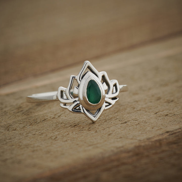 Emerald Sterling Silver Lotus Ring