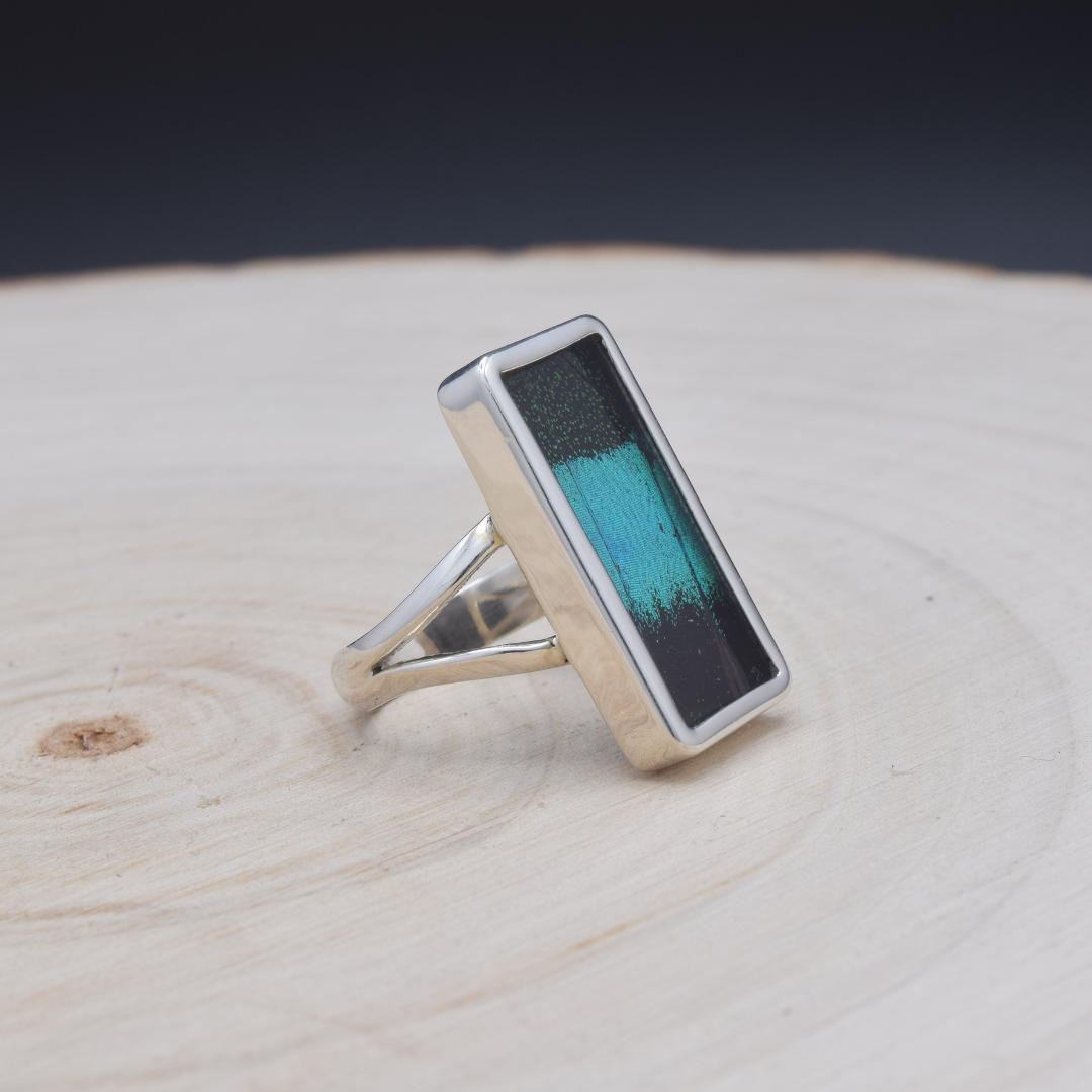 Green Banded Swallowtail Fine Silver Rectangle Ring