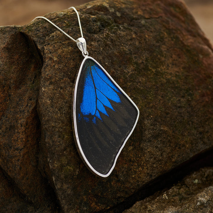 Mountain Blue butterfly wing pendant in fine silver