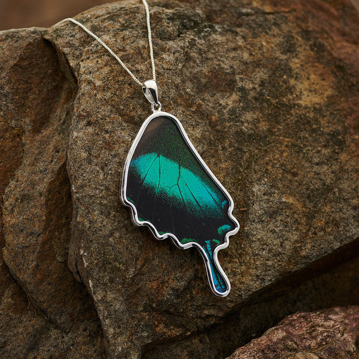 Peacock Swallowtail butterfly wing pendant in fine silver