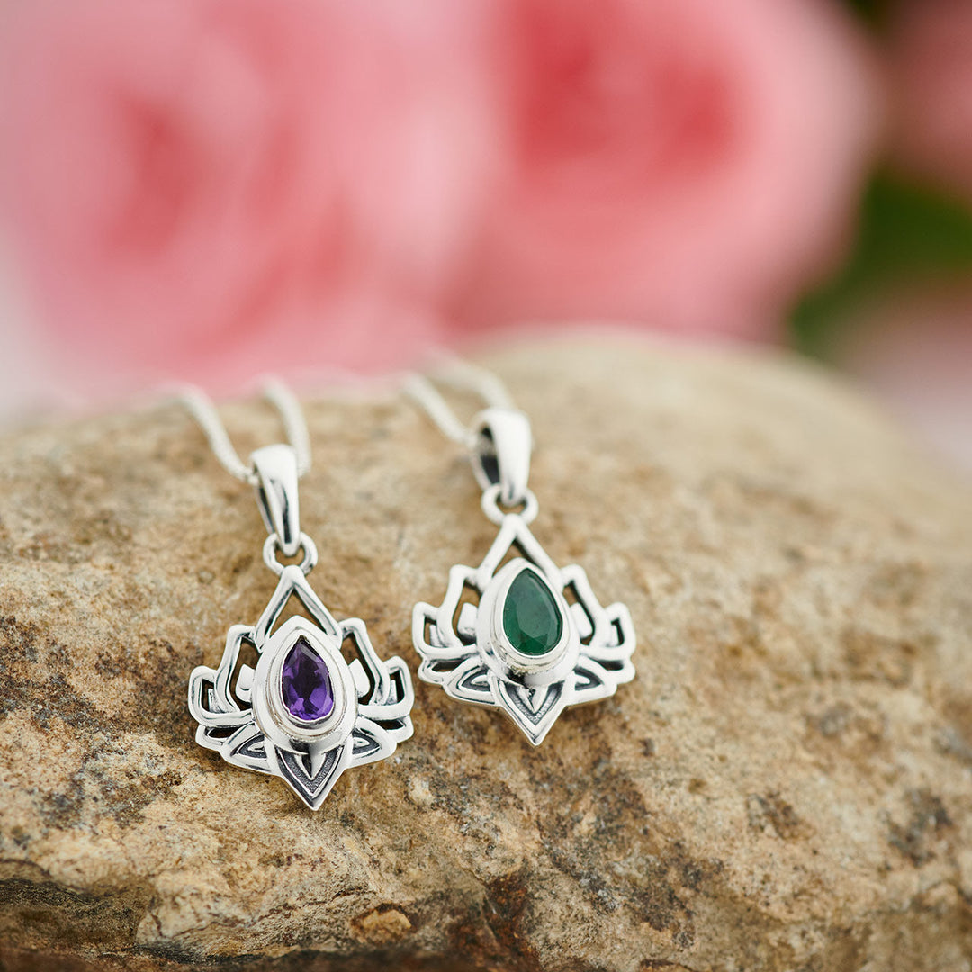 Emerald Sterling Silver Lotus Pendant