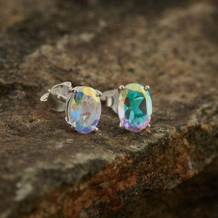 Mercury Mystic Topaz Sterling Silver Oval Stud Earrings