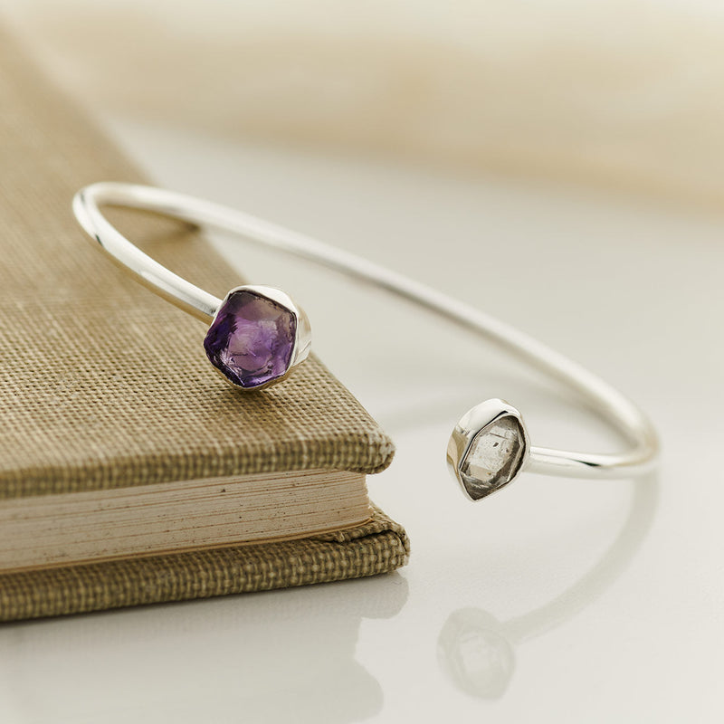 Rough-cut amethyst and herkimer diamond bracelet in sterling silver
