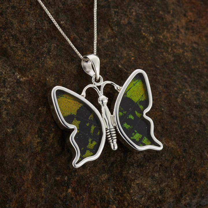 Sunset Moth butterfly wing pendant in fine silver