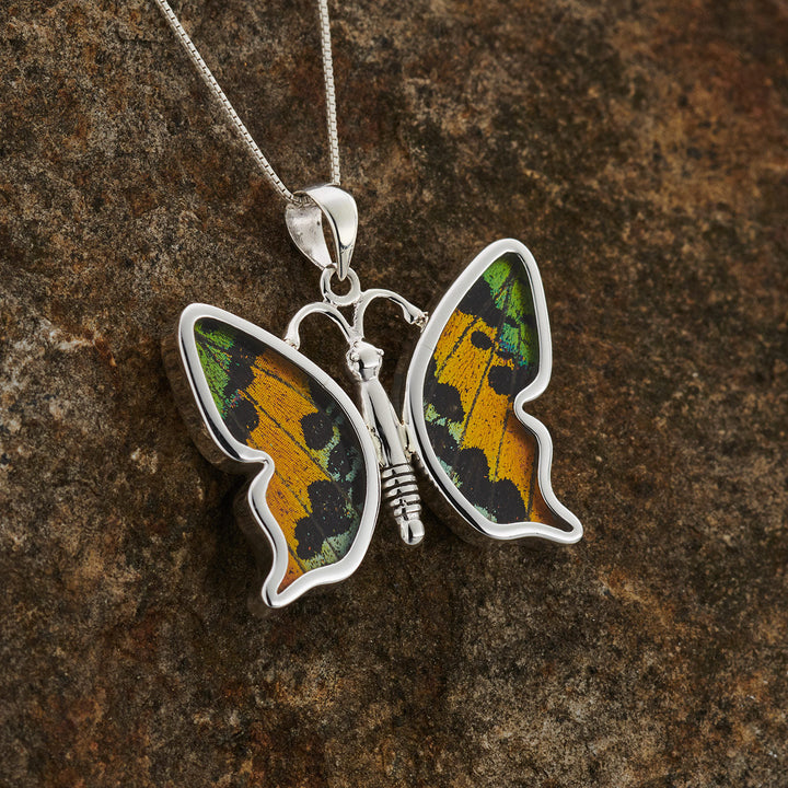 Sunset Moth butterfly wing pendant in fine silver