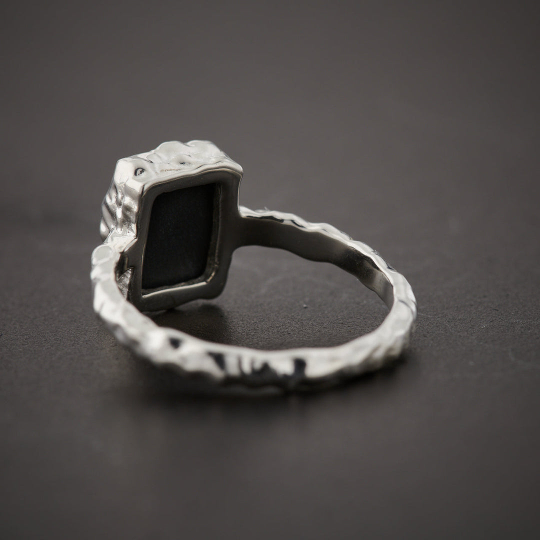 Black Onyx Sterling Silver Rectangle Hammered Finish Ring