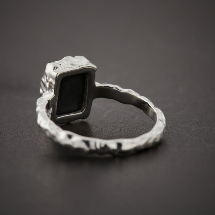 Black Onyx Sterling Silver Rectangle Hammered Finish Ring