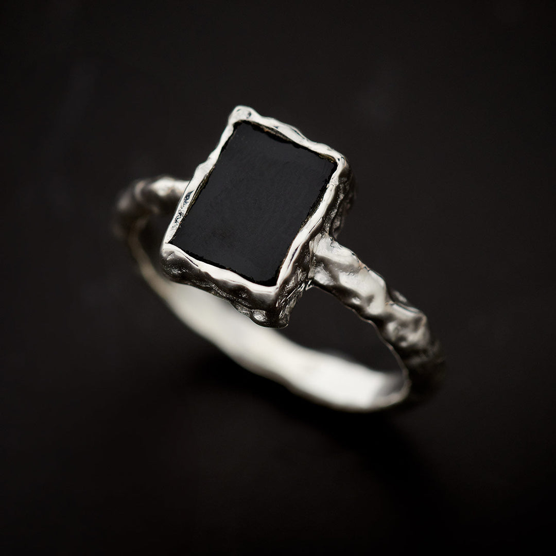 Black Onyx Sterling Silver Rectangle Hammered Finish Ring