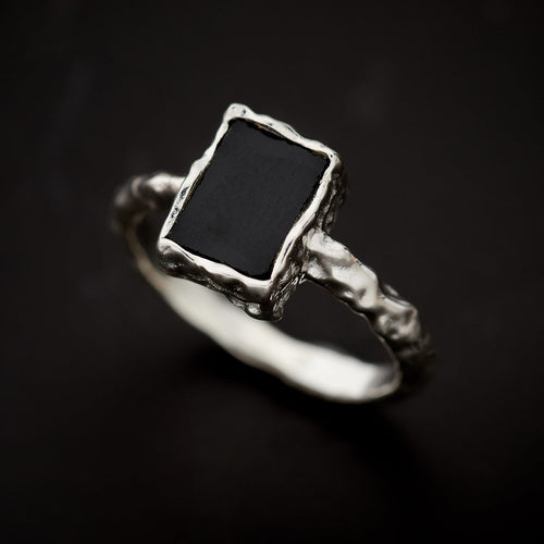 Black Onyx Sterling Silver Rectangle Hammered Finish Ring