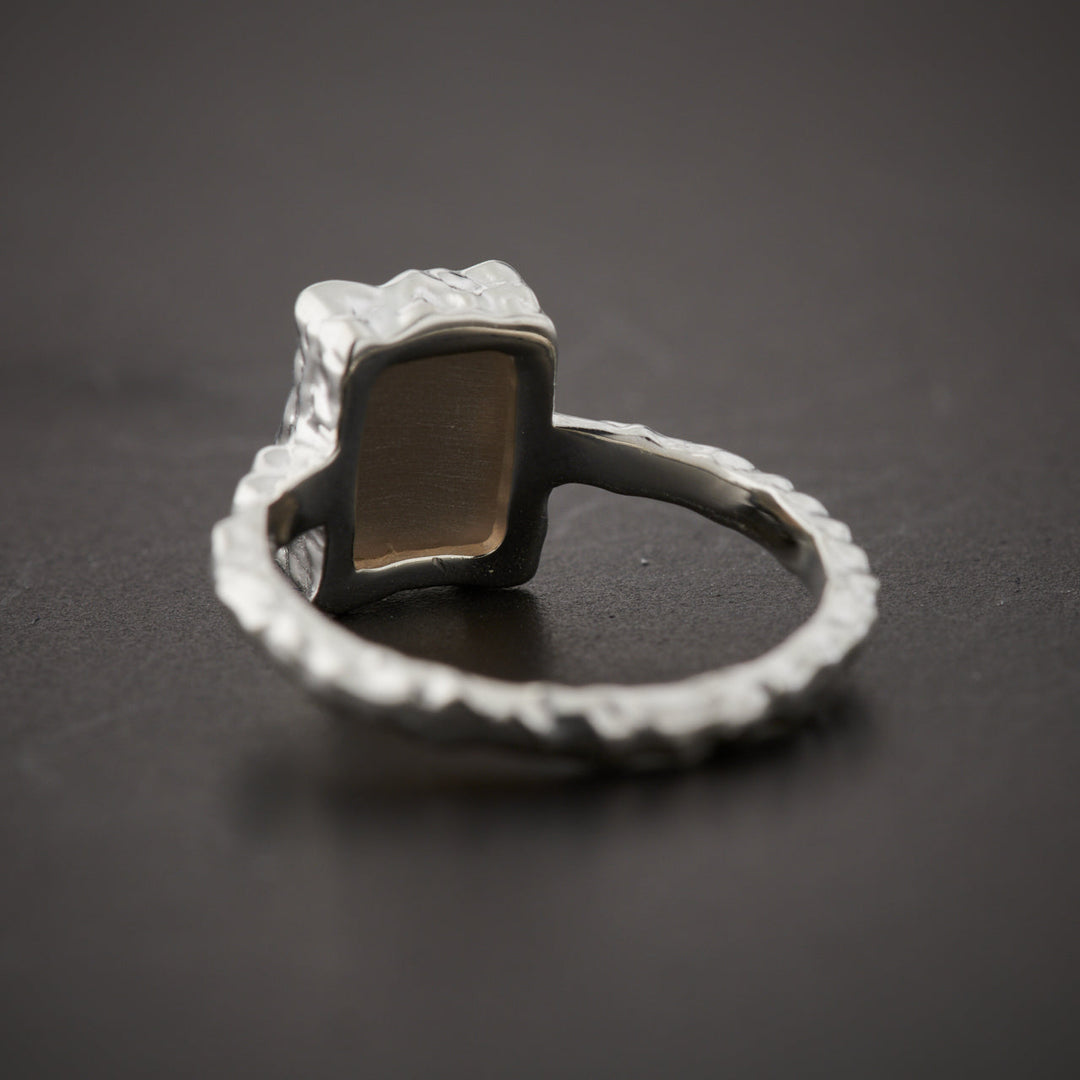 Smoky Quartz Sterling Silver Rectangle Hammered Finish Ring