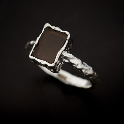 Smoky Quartz Sterling Silver Rectangle Hammered Finish Ring