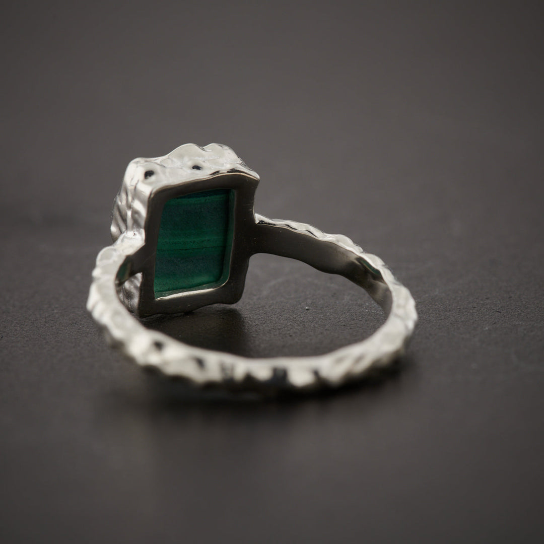 Malachite Sterling Silver Rectangle Hammered Finish Ring