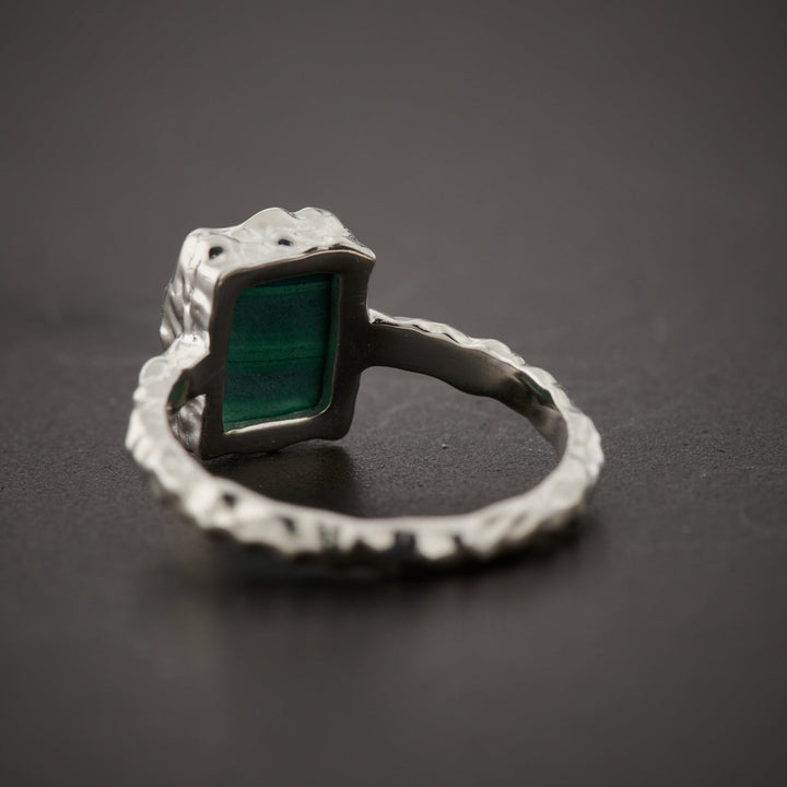 Malachite Sterling Silver Rectangle Hammered Finish Ring