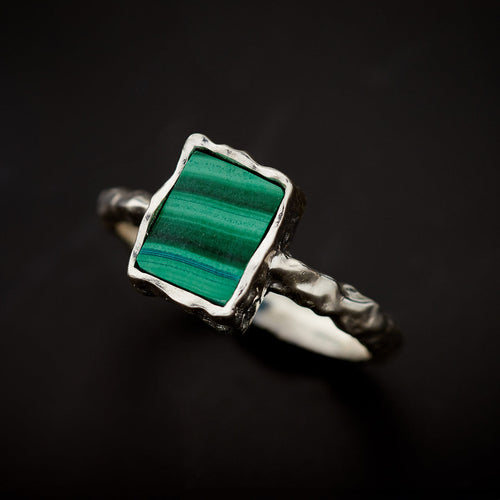 Malachite Sterling Silver Rectangle Hammered Finish Ring