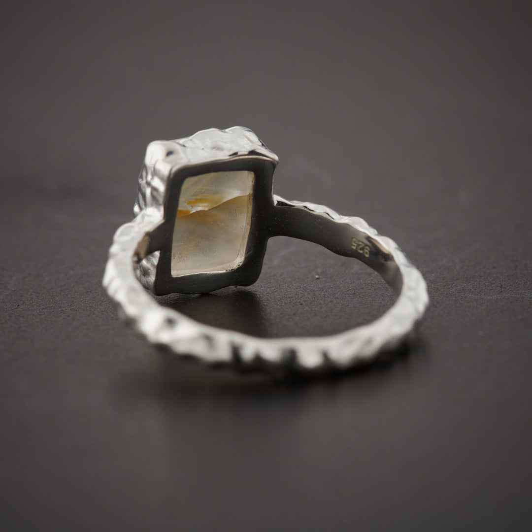 Golden Rutile Sterling Silver Rectangle Hammered Finish Ring