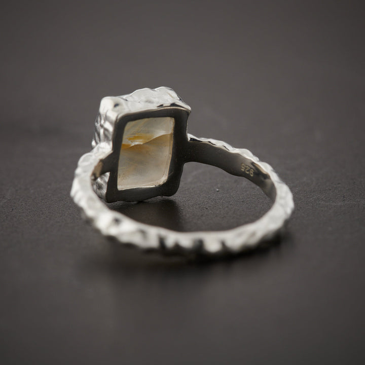 Golden Rutile Sterling Silver Rectangle Hammered Finish Ring