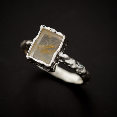 Golden Rutile Sterling Silver Rectangle Hammered Finish Ring