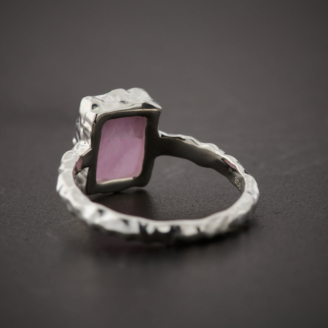 Pink Lepidolite Sterling Silver Rectangle Hammered Finish Ring