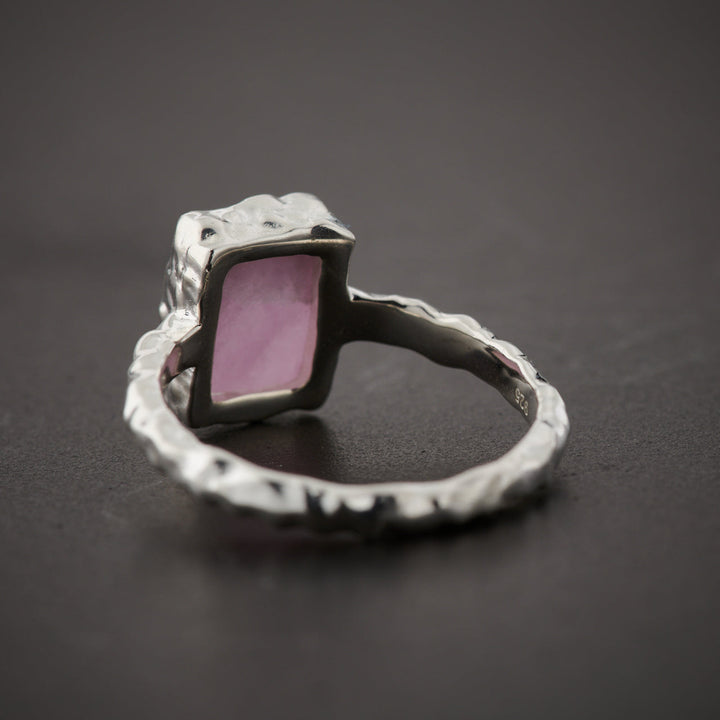Pink Lepidolite Sterling Silver Rectangle Hammered Finish Ring