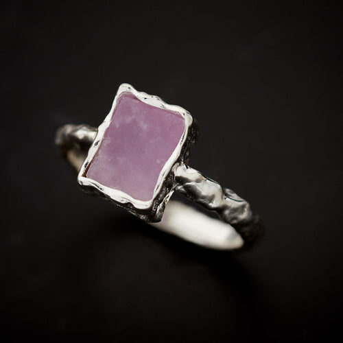 Pink Lepidolite Sterling Silver Rectangle Hammered Finish Ring