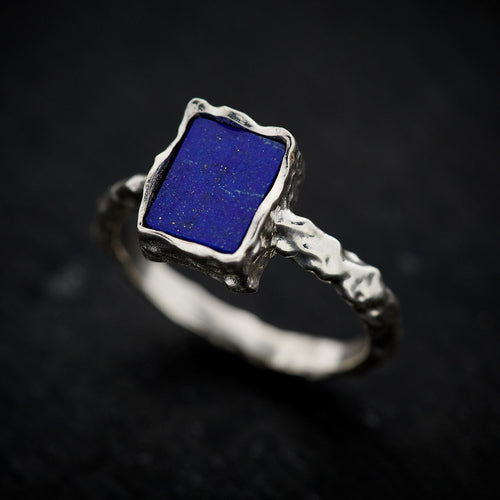 Lapis Sterling Silver Rectangle Hammered Finish Ring