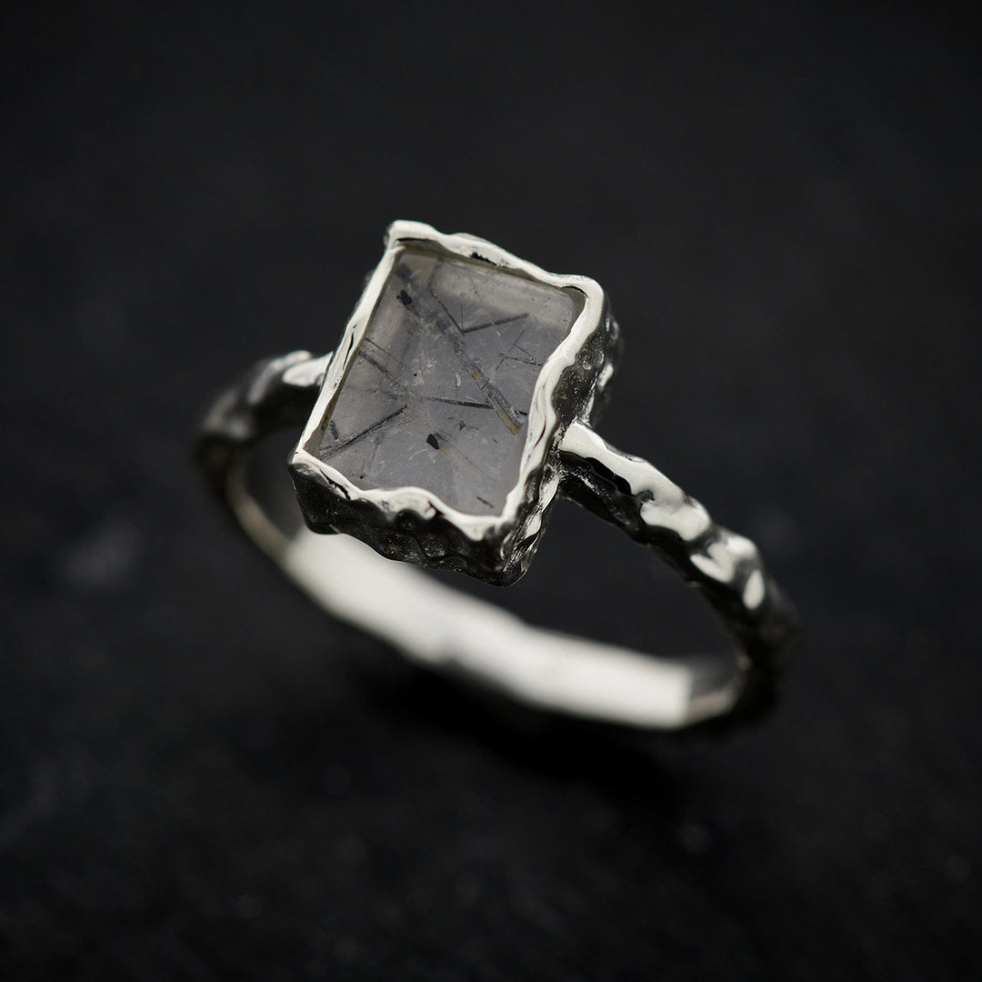 Black Rutile Sterling Silver Rectangle Hammered Finish Ring