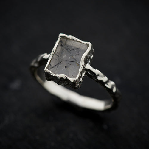 Black Rutile Sterling Silver Rectangle Hammered Finish Ring