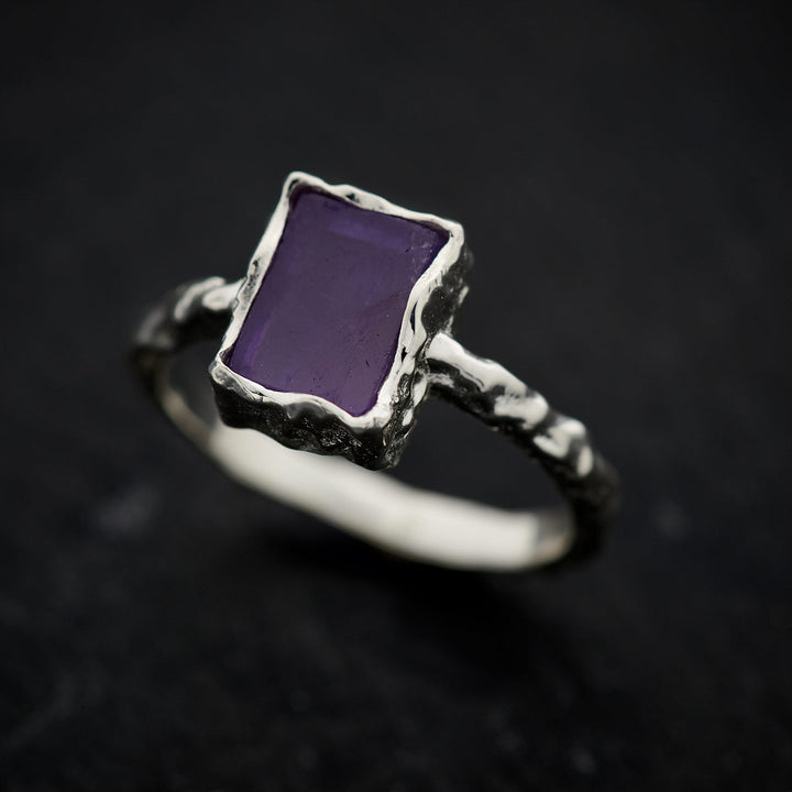 Amethyst Sterling Silver Rectangle Hammered Finish Ring