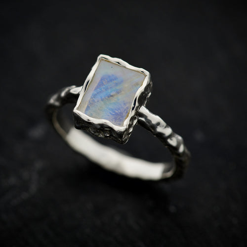 Moonstone Sterling Silver Rectangle Hammered Finish Ring