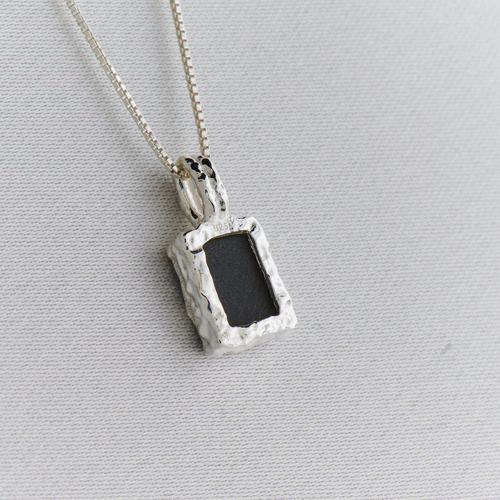 Black Onyx Sterling Silver Rectangle Hammered Finish Pendant