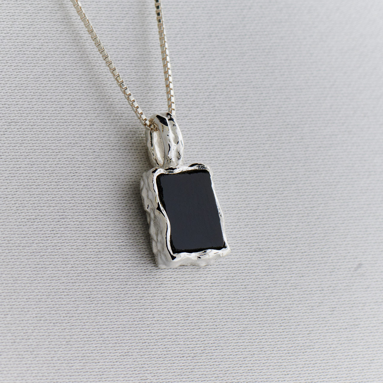 Black Onyx Sterling Silver Rectangle Hammered Finish Pendant | NJ