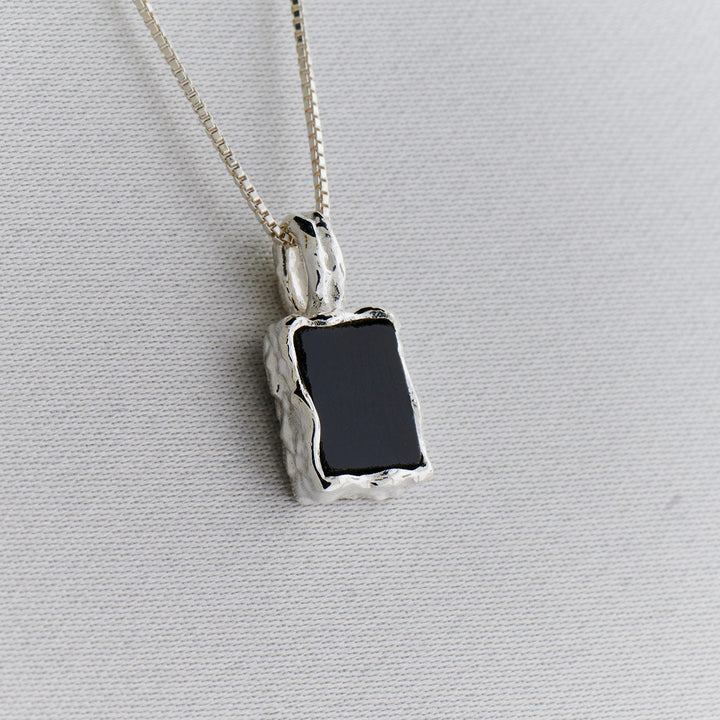 Black Onyx Sterling Silver Rectangle Hammered Finish Pendant