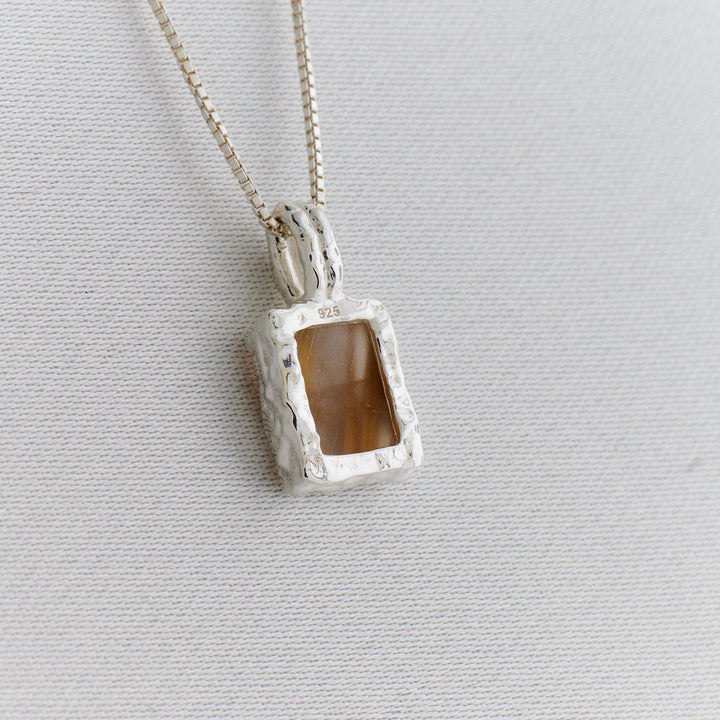 Golden Rutile Sterling Silver Rectangle Hammered Finish Pendant