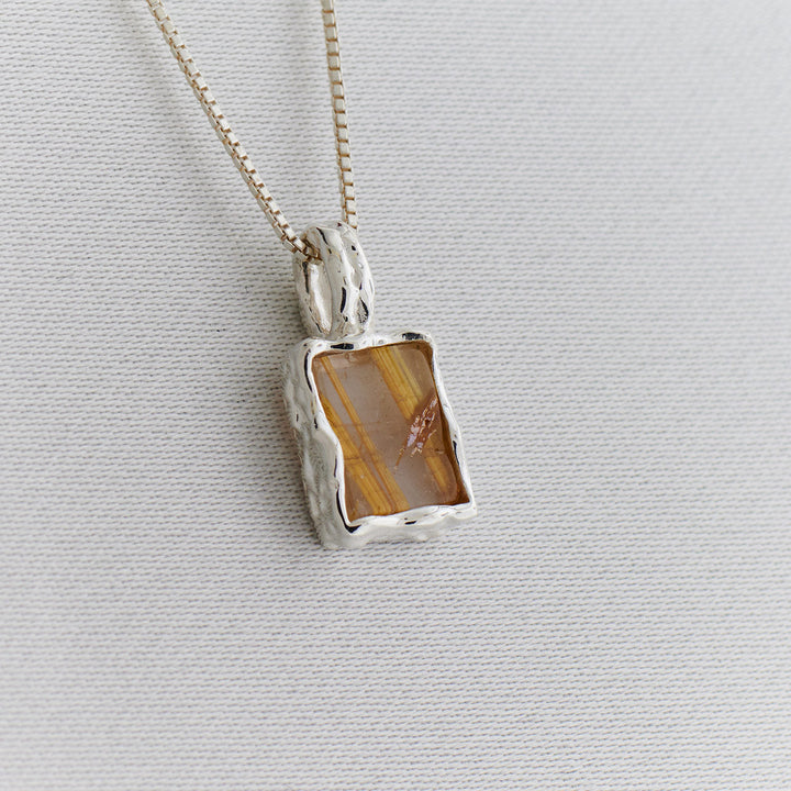 Golden Rutile Sterling Silver Rectangle Hammered Finish Pendant