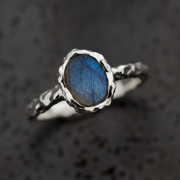 Labradorite Sterling Silver Oval Hammered Finish Ring